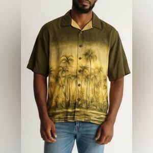 Tommy Bahama Y2K Silk Camp Shirt Palm Tree Print Olive Sand Size Large
